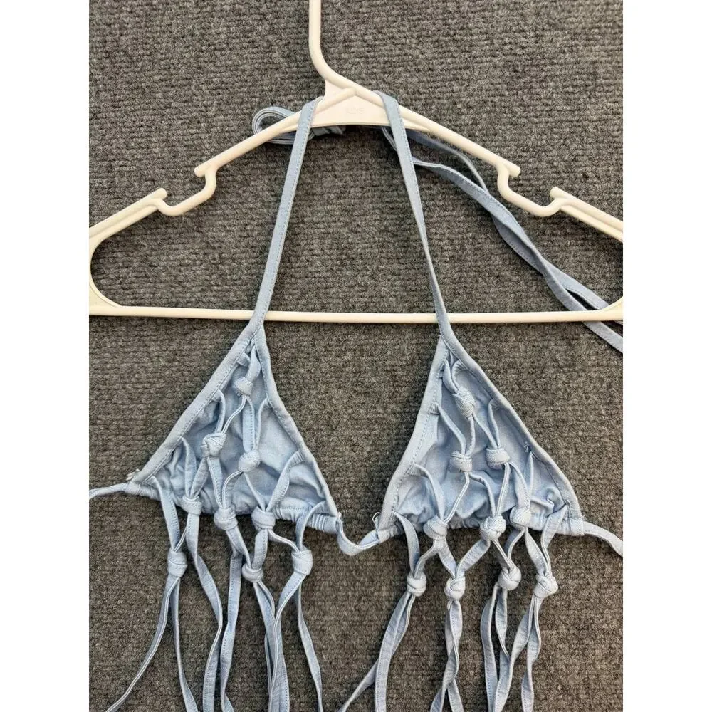 Women's Light Blue Denim Look Fringe Halter Set Size S Boho Festival